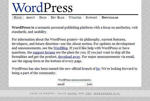 Первая версия wordpress.org в 2003 году