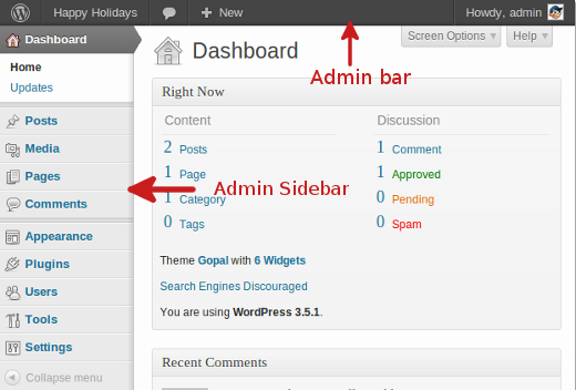 Служебный экран WordPress